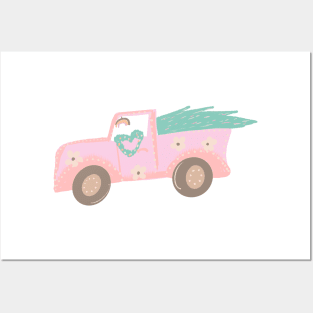 Cute Christmas Truck Pastel Pink Posters and Art